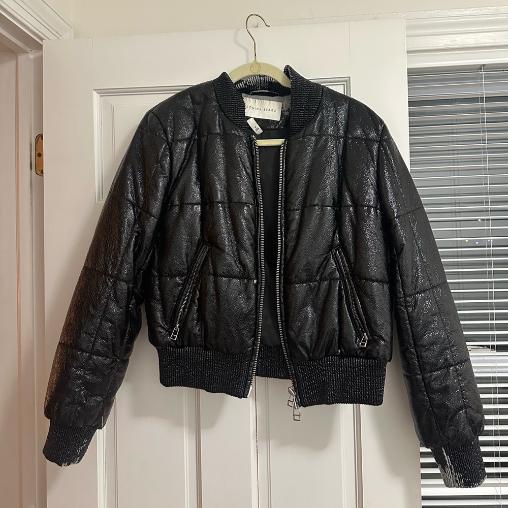 Veronica Beard Black faux leather bomber jacket with quilted lining